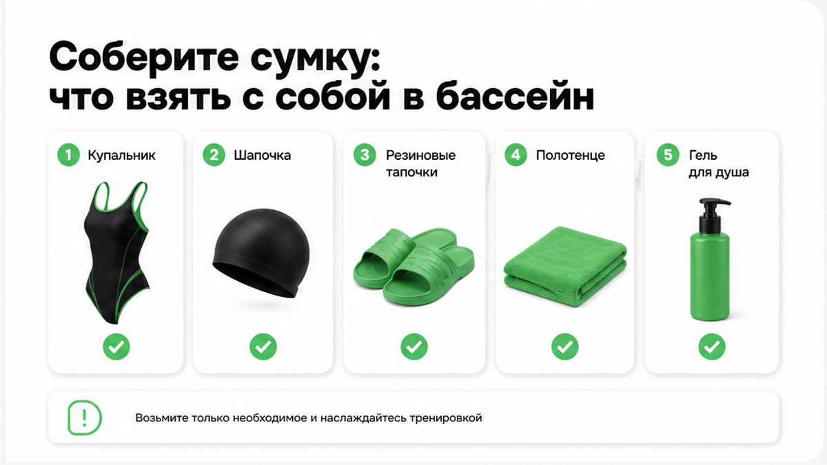 Чеклист сумки в бассейн: купальник, шапочка, тапочки, полотенце