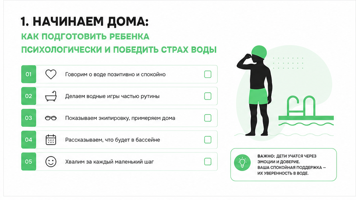 Чеклист подготовки ребенка к первому занятию плаванием дома